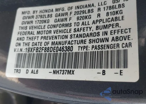 2013 Honda Civic Ex z USA, uszkodzony, nr VIN 19XFB2F88DE046380